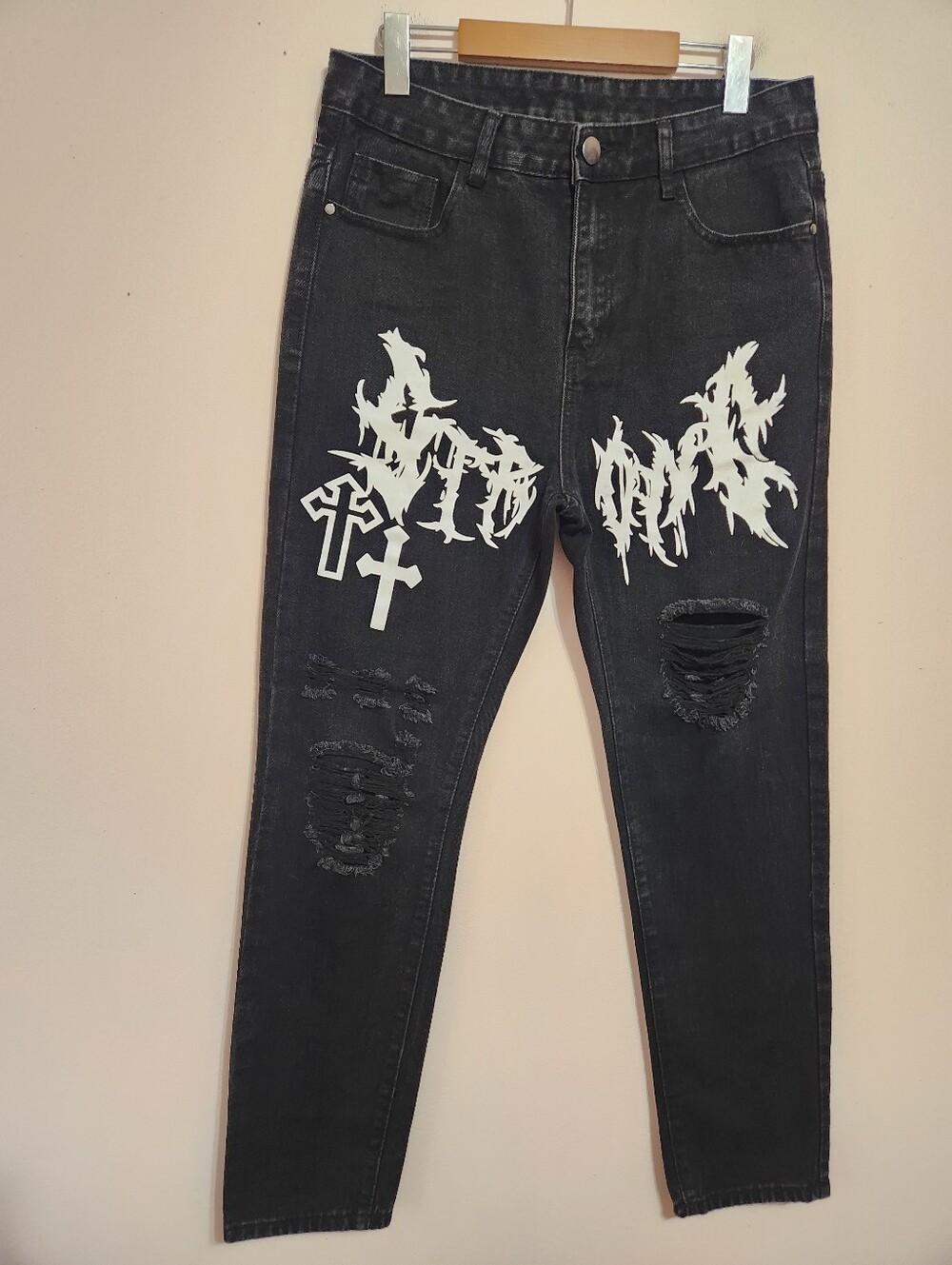 Cyber Y2K Gothic Cyber Sigilism Graphic Ripped Faded Black Jeans Streetwear 32
